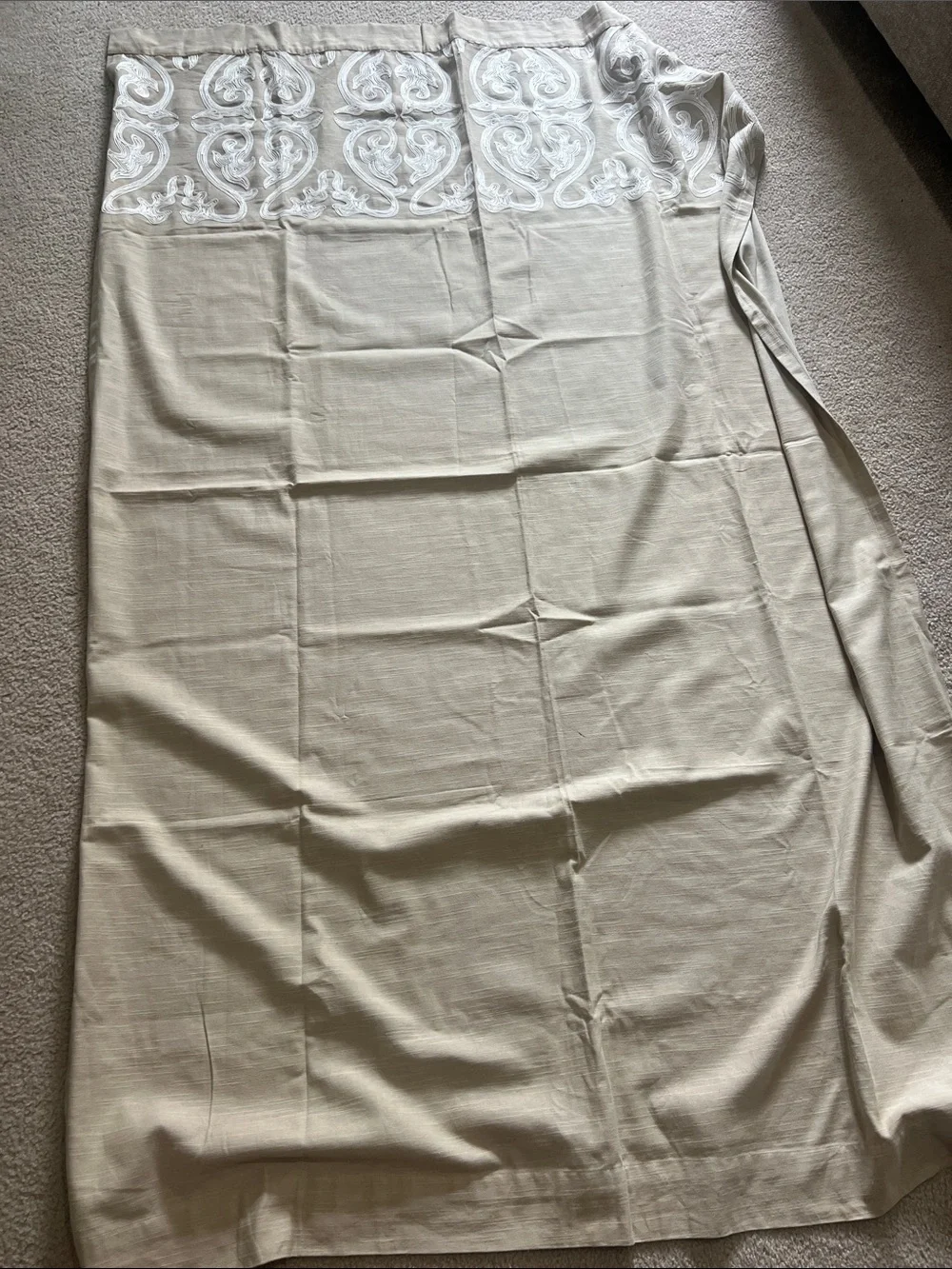 Four Threshold Beige Curtain Panels with White Embroidered Scroll Border
